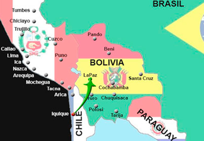 Iquique - La Paz 635 km 
Tiempo de aproximado de viaje: 10h 53 min
